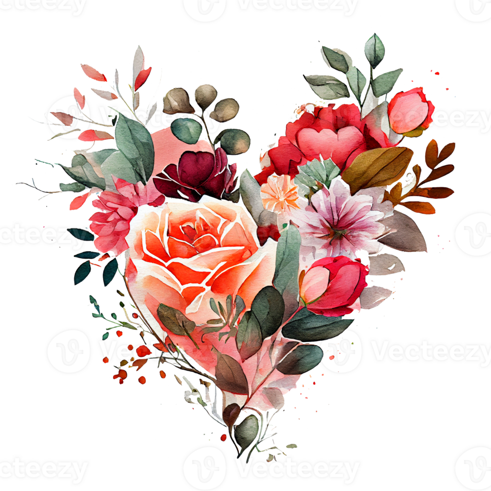 heart shaped rose bouquet, Romantic heart vignette made of vintage flowers and leaves of roses in gentle retro style watercolor painting, PNG transparent background, .