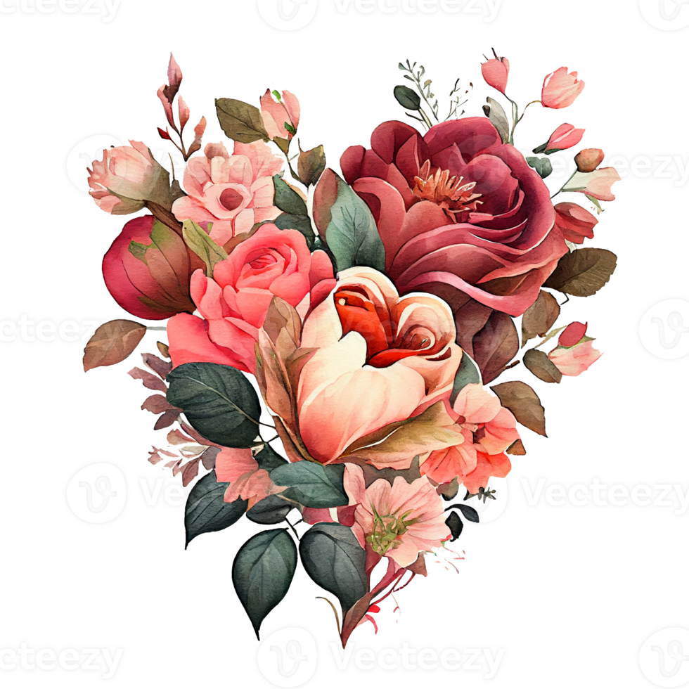 heart shaped rose bouquet, Romantic heart vignette made of vintage flowers and leaves of roses in gentle retro style watercolor painting, PNG transparent background, .