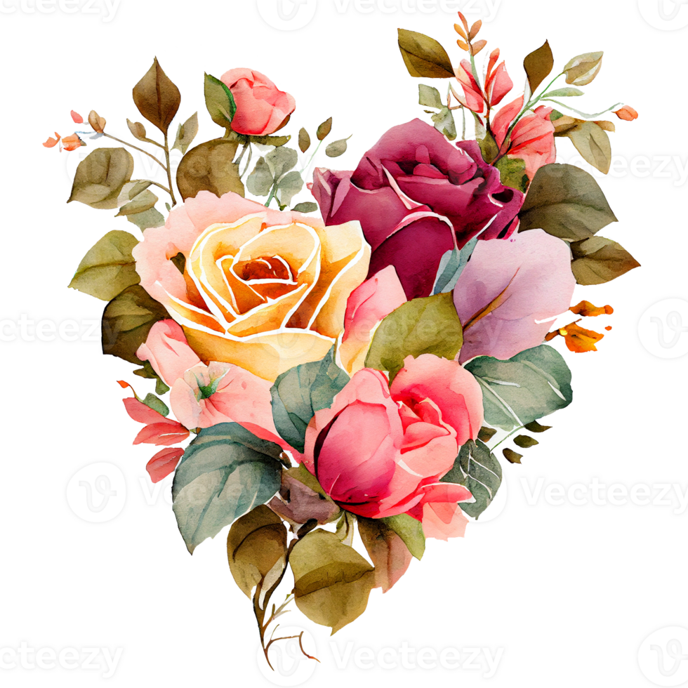 heart shaped rose bouquet, Romantic heart vignette made of vintage flowers and leaves of roses in gentle retro style watercolor painting, PNG transparent background, .