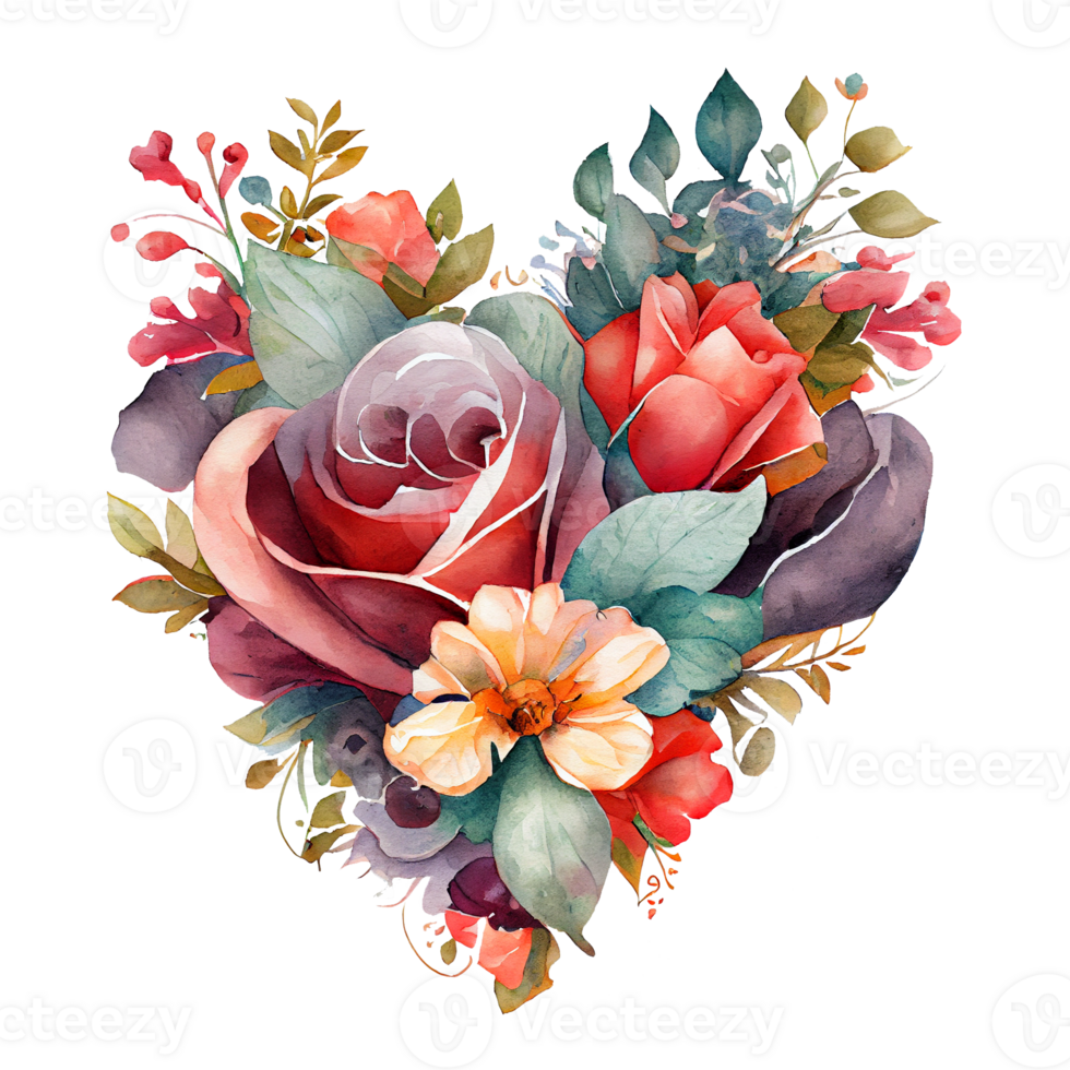 heart shaped rose bouquet, Romantic heart vignette made of vintage flowers and leaves of roses in gentle retro style watercolor painting, PNG transparent background, .