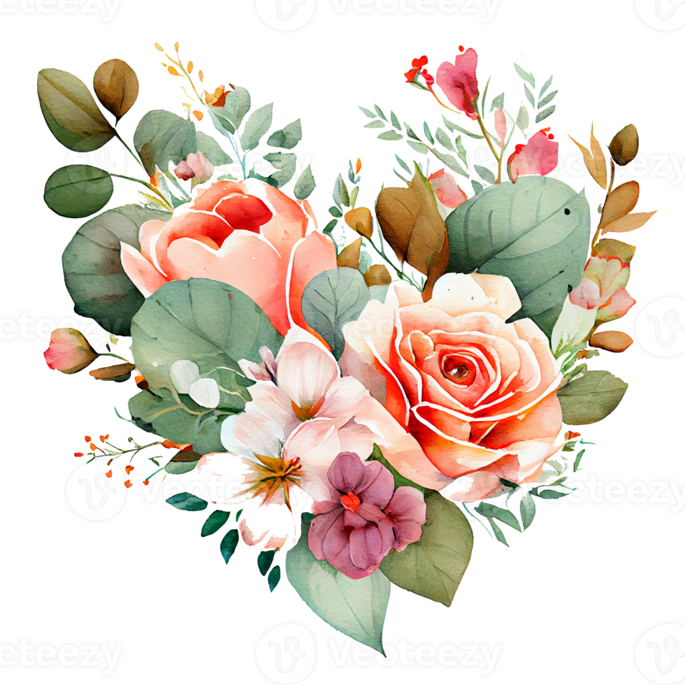 heart shaped rose bouquet, Romantic heart vignette made of vintage flowers and leaves of roses in gentle retro style watercolor painting, PNG transparent background, .