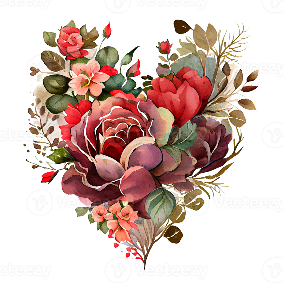 heart shaped rose bouquet, Romantic heart vignette made of vintage flowers and leaves of roses in gentle retro style watercolor painting, PNG transparent background, .