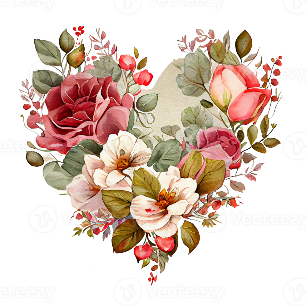 heart shaped rose bouquet, Romantic heart vignette made of vintage flowers and leaves of roses in gentle retro style watercolor painting, PNG transparent background, .