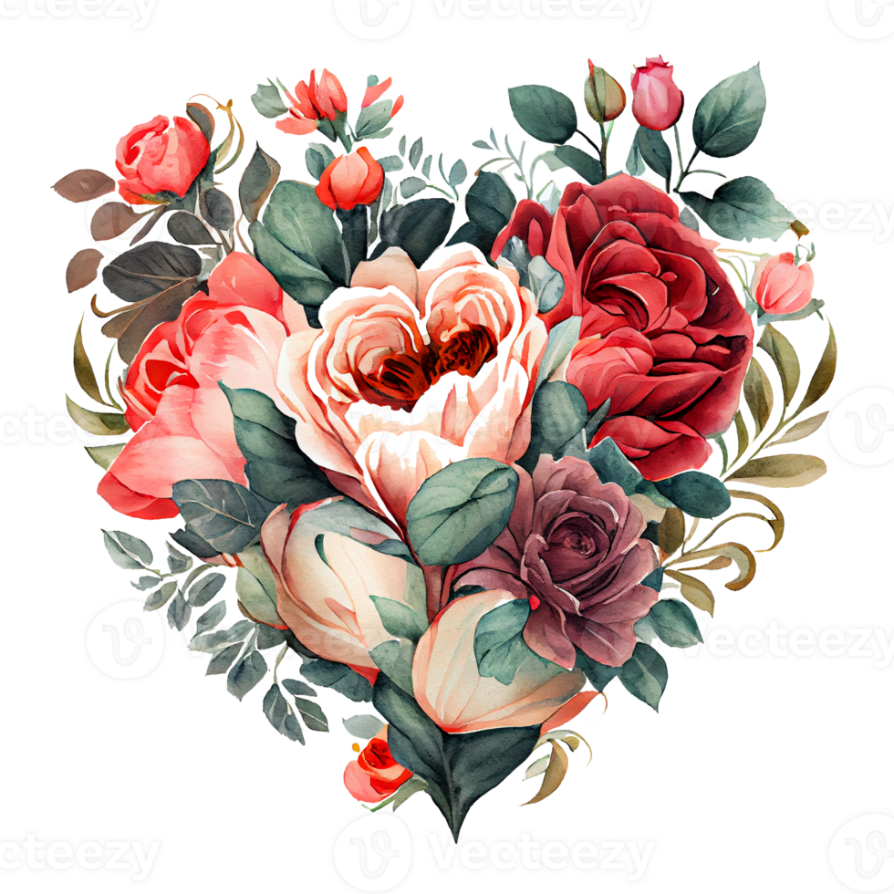 heart shaped rose bouquet, Romantic heart vignette made of vintage flowers and leaves of roses in gentle retro style watercolor painting, PNG transparent background, .