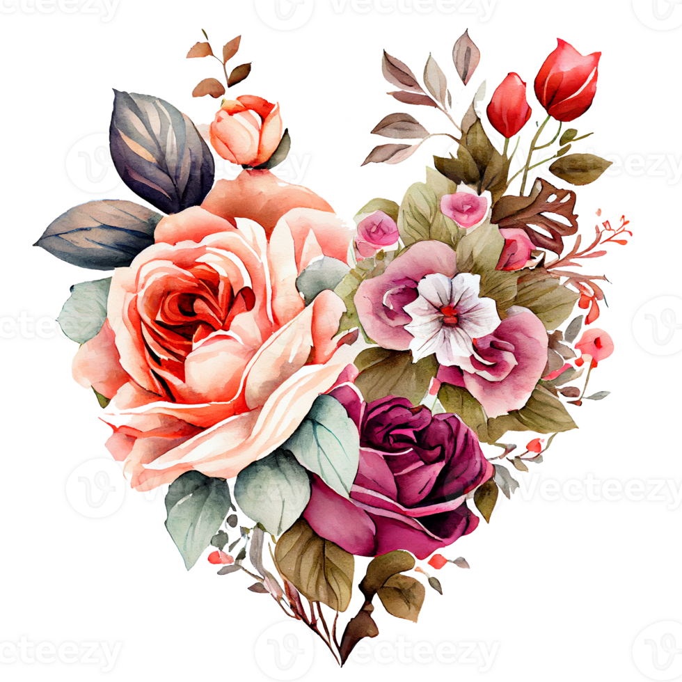 heart shaped rose bouquet, Romantic heart vignette made of vintage flowers and leaves of roses in gentle retro style watercolor painting, PNG transparent background, .