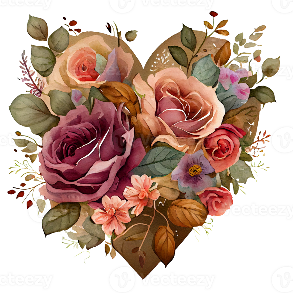 heart shaped rose bouquet, Romantic heart vignette made of vintage flowers and leaves of roses in gentle retro style watercolor painting, PNG transparent background, .