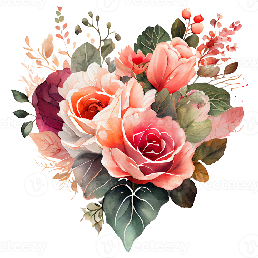 heart shaped rose bouquet, Romantic heart vignette made of vintage flowers and leaves of roses in gentle retro style watercolor painting, PNG transparent background, .