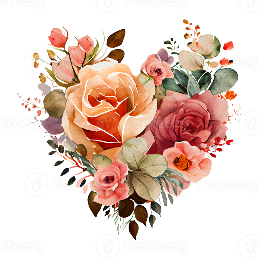 heart shaped rose bouquet, Romantic heart vignette made of vintage flowers and leaves of roses in gentle retro style watercolor painting, PNG transparent background, .