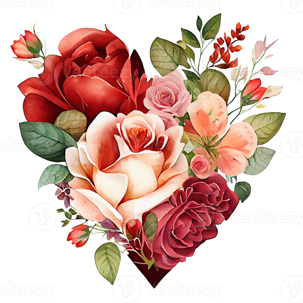 heart shaped rose bouquet, Romantic heart vignette made of vintage flowers and leaves of roses in gentle retro style watercolor painting, PNG transparent background, .