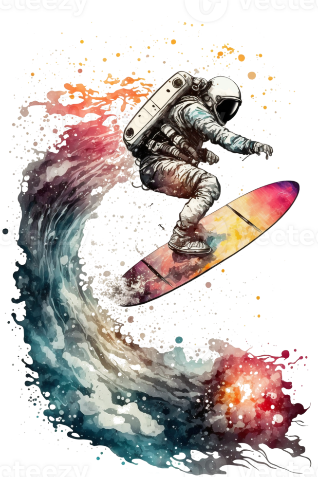 astronauts surf on a surfboard in space with stars watercolor painting, planets, PNG transparent background, .