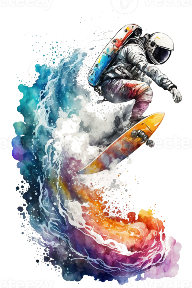 astronauts surf on a surfboard in space with stars watercolor painting, planets, PNG transparent background, .