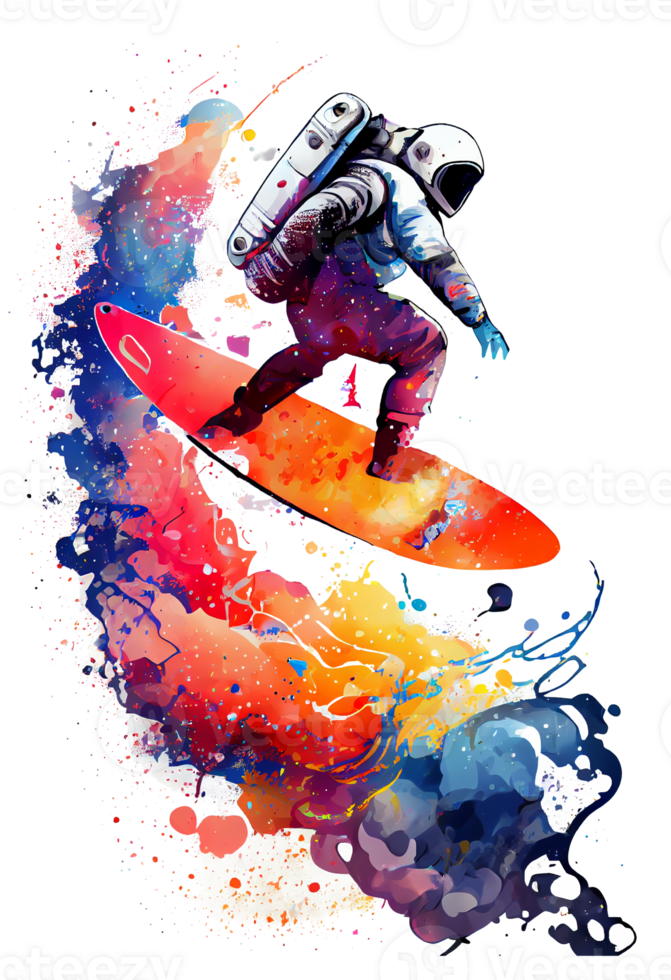 astronauts surf on a surfboard in space with stars watercolor painting, planets, PNG transparent background, .