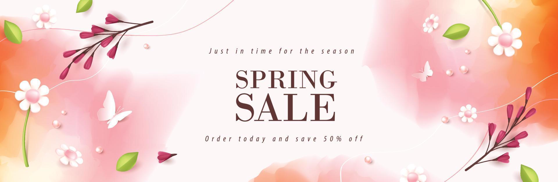 Spring Sale Header or Banner Design Promotion layout with fresh bloom flowers and butterfly elements vector