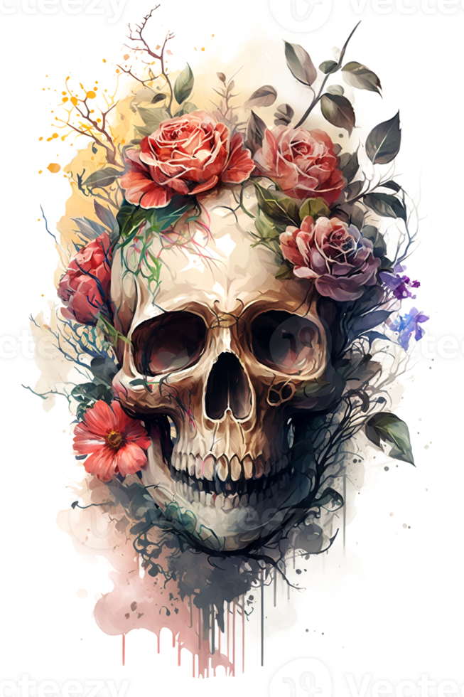 Watercolor Floral Skulls Clipart PNG Sublimation, Transparent Skulls with Flowers, witch png, Flower skull Clipart, .