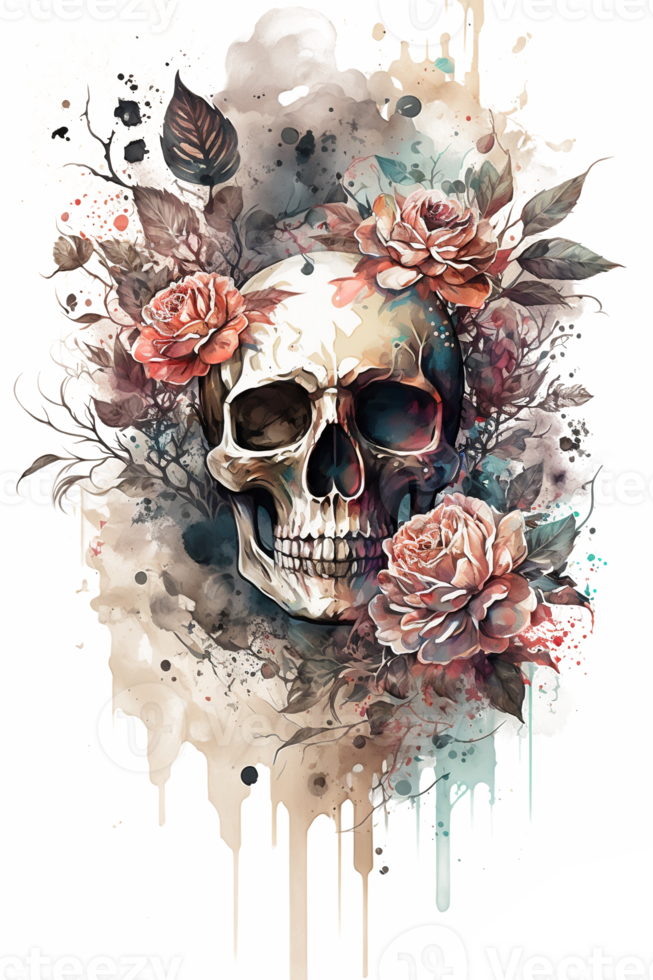 Watercolor Floral Skulls Clipart PNG Sublimation, Transparent Skulls with Flowers, witch png, Flower skull Clipart, .