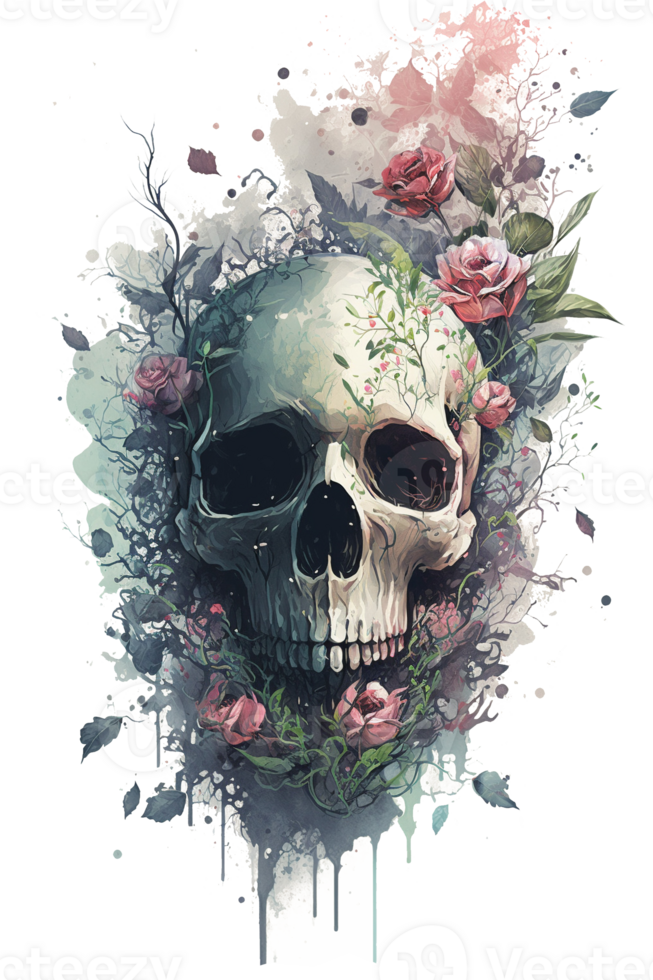 aquarelle floral crânes clipart png sublimation, transparent crânes avec fleurs, sorcière png, fleur crâne clipart, génératif ai.