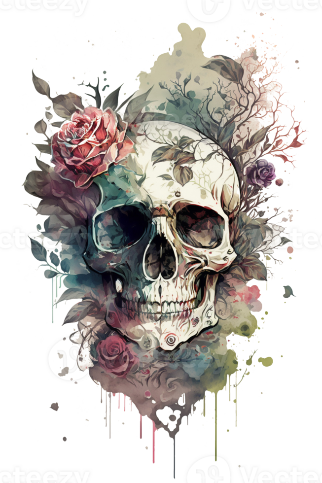 Watercolor Floral Skulls Clipart PNG Sublimation, Transparent Skulls with Flowers, witch png, Flower skull Clipart, .