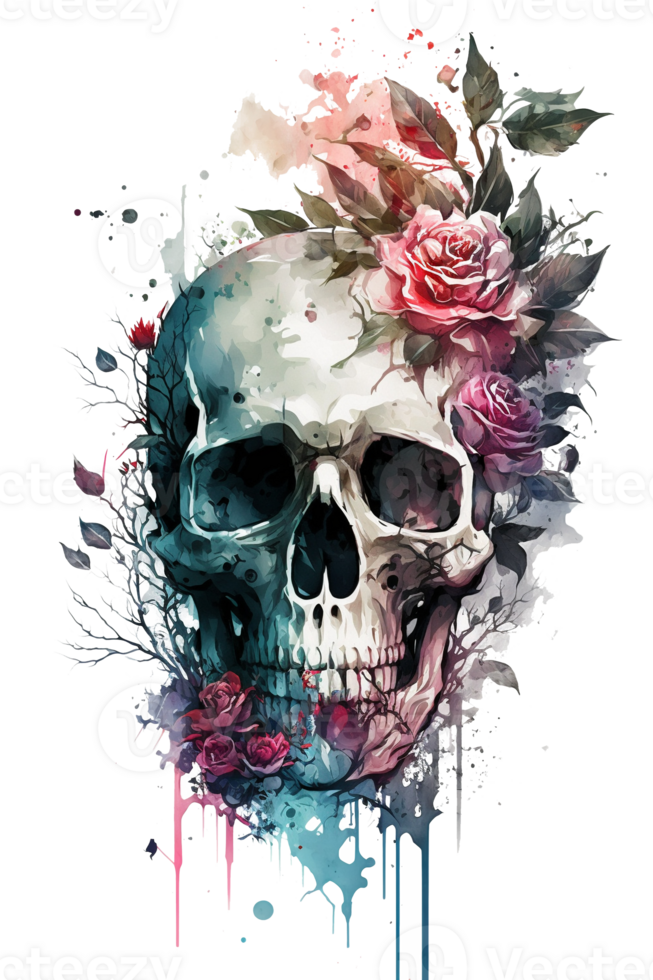 acuarela floral calaveras clipart png sublimación, transparente calaveras con flores, bruja png, flor cráneo clipart, generativo ai.