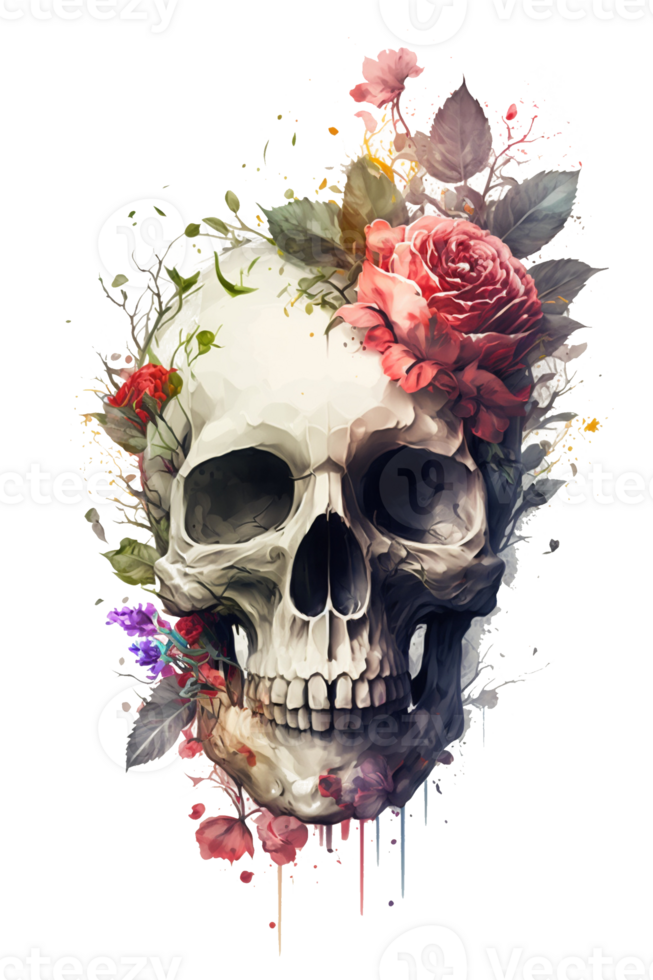 Watercolor Floral Skulls Clipart PNG Sublimation, Transparent Skulls with Flowers, witch png, Flower skull Clipart, .