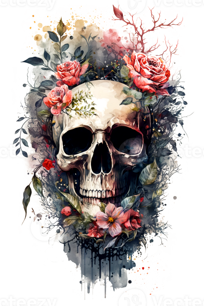 Watercolor Floral Skulls Clipart PNG Sublimation, Transparent Skulls with Flowers, witch png, Flower skull Clipart, .