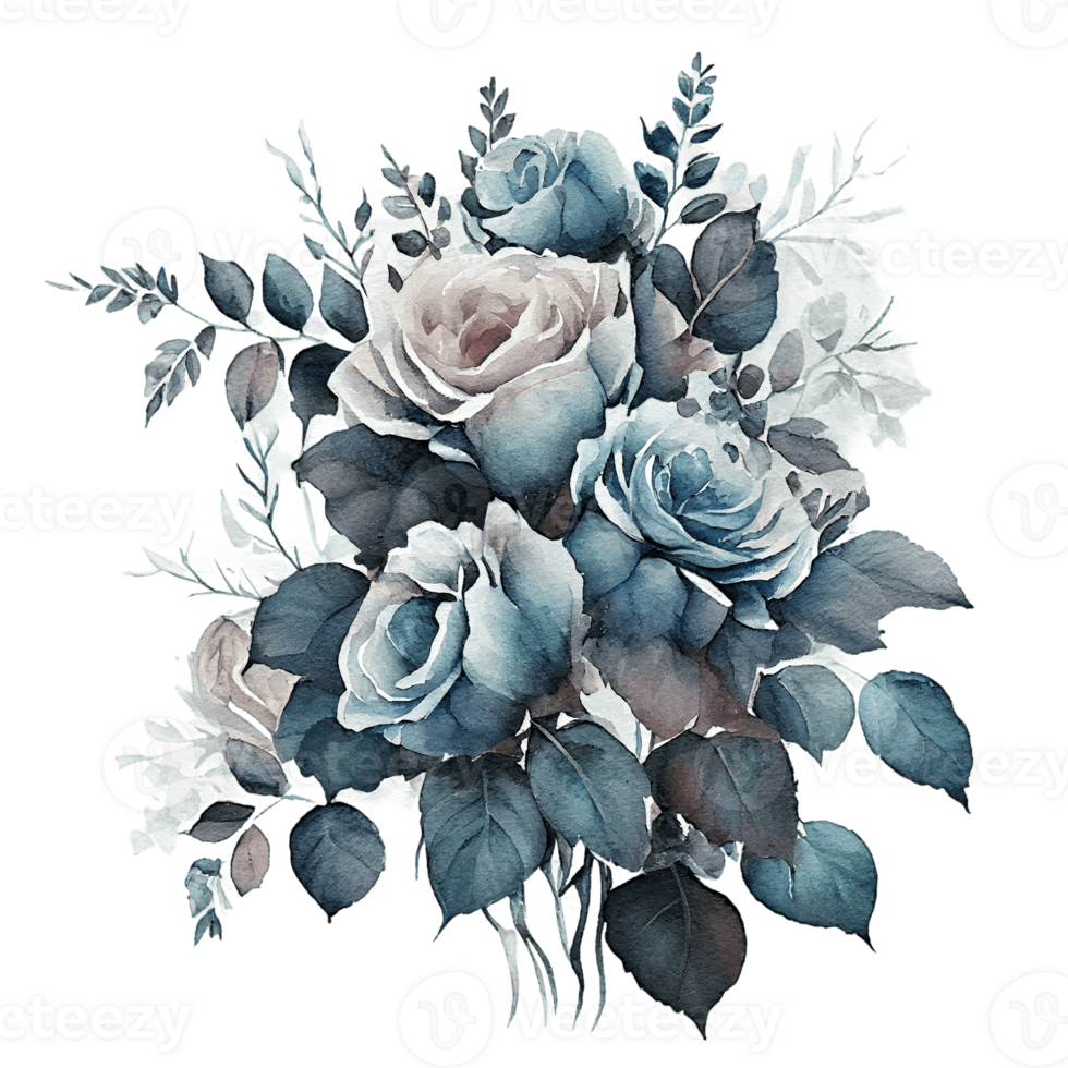 Watercolor floral bouquet composition with roses, png transparent background, .