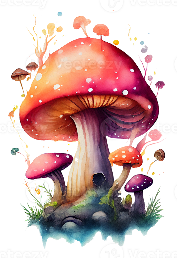 la magie champignon dans le forêt avec coloré, champignon loger, la magie champignon aquarelle, génératif ai png