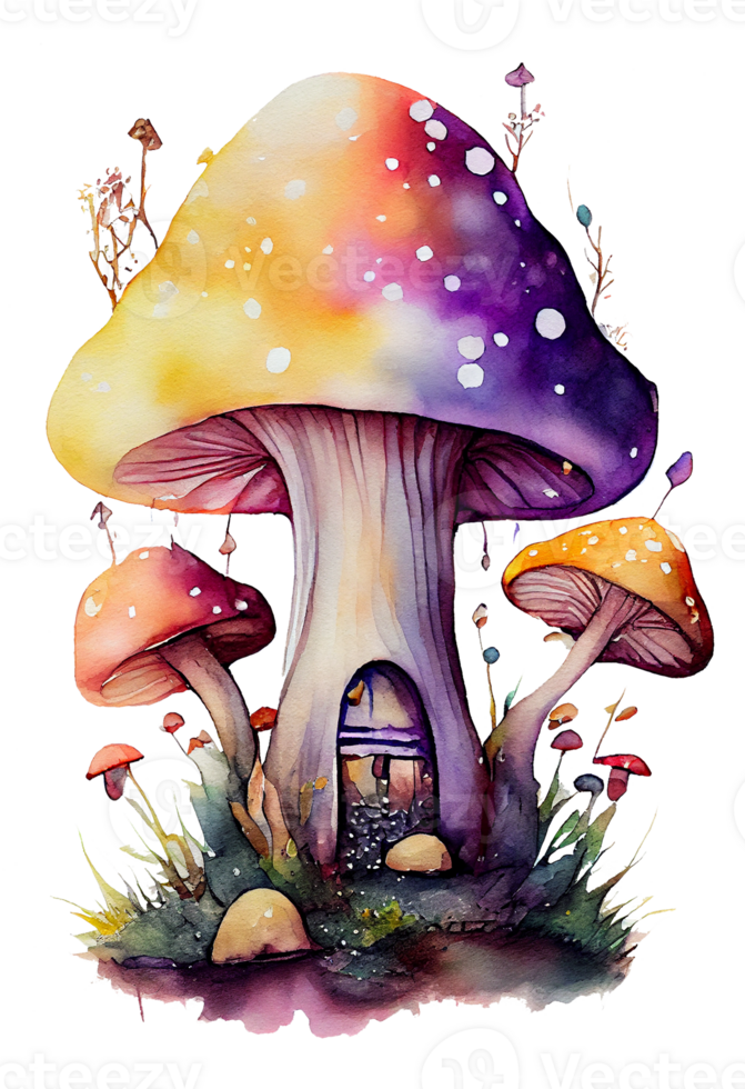 Magia fungo nel il foresta con colorato, fungo Casa, Magia fungo acquerello, generativo ai png