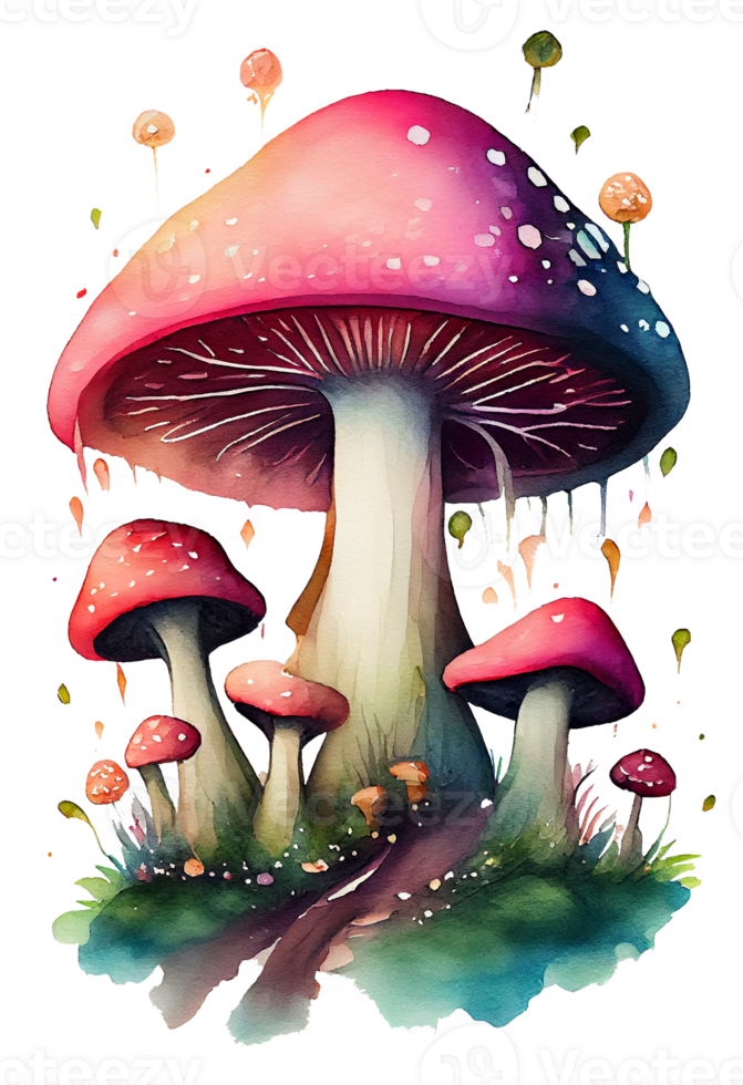 la magie champignon dans le forêt avec coloré, champignon loger, la magie champignon aquarelle, génératif ai png