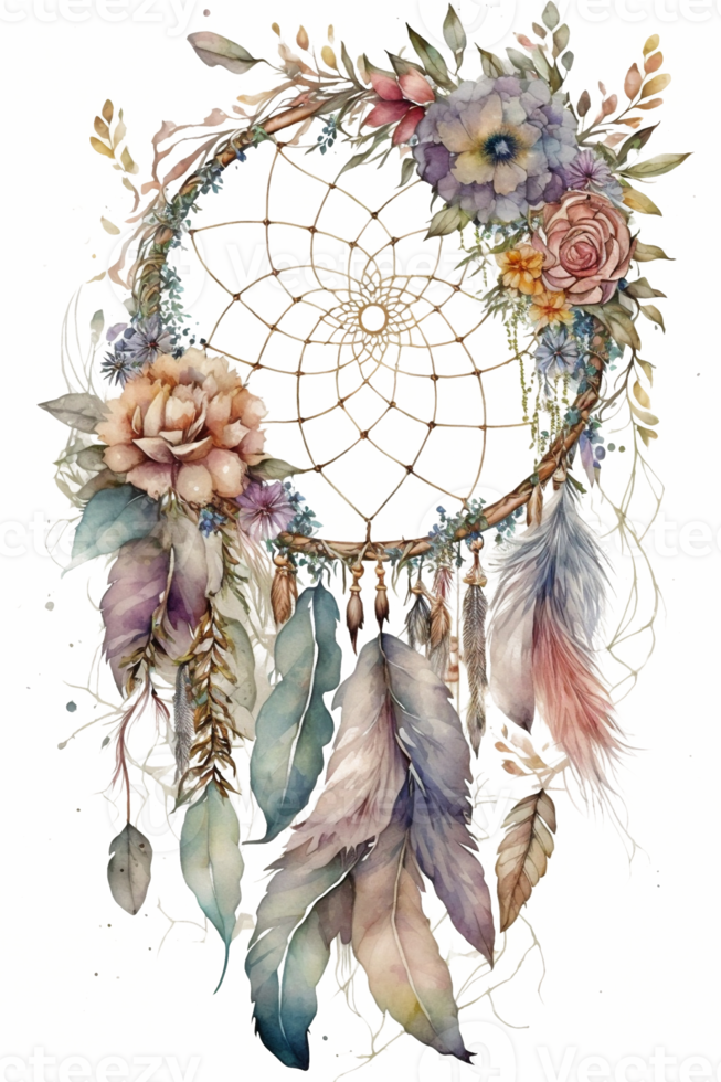 watercolor decoration bohemian dream catcher, boho feathers decoration, native dream chic design, png