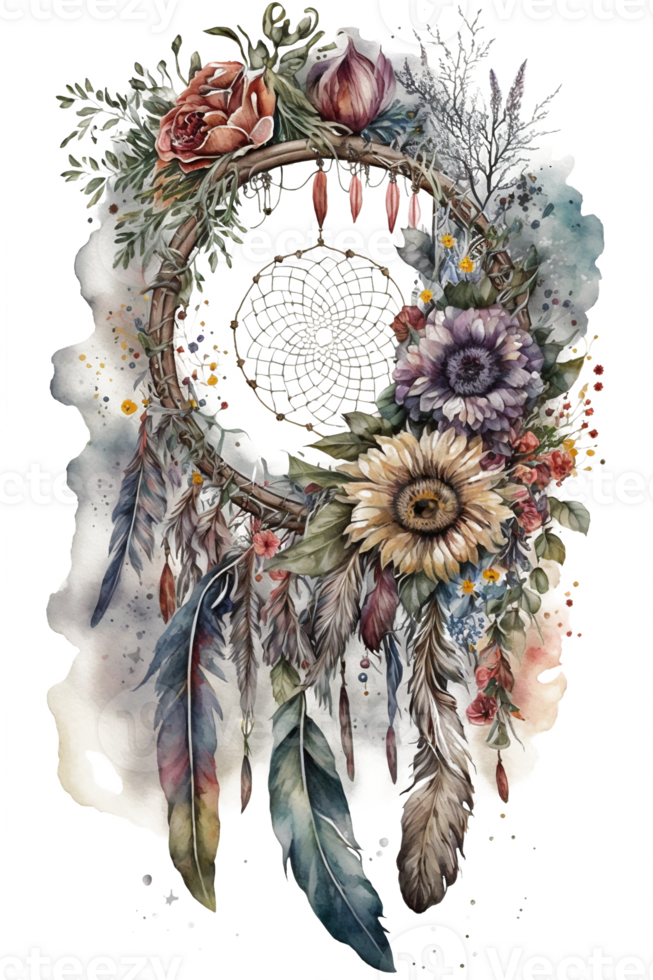 watercolor decoration bohemian dream catcher, boho feathers decoration, native dream chic design, png