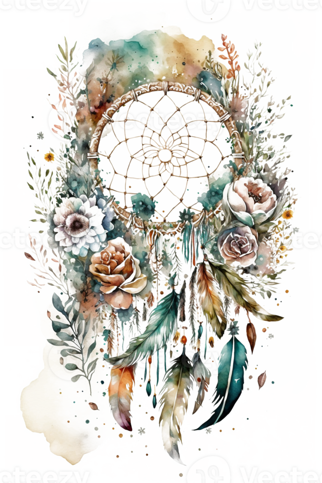 watercolor decoration bohemian dream catcher, boho feathers decoration, native dream chic design, png