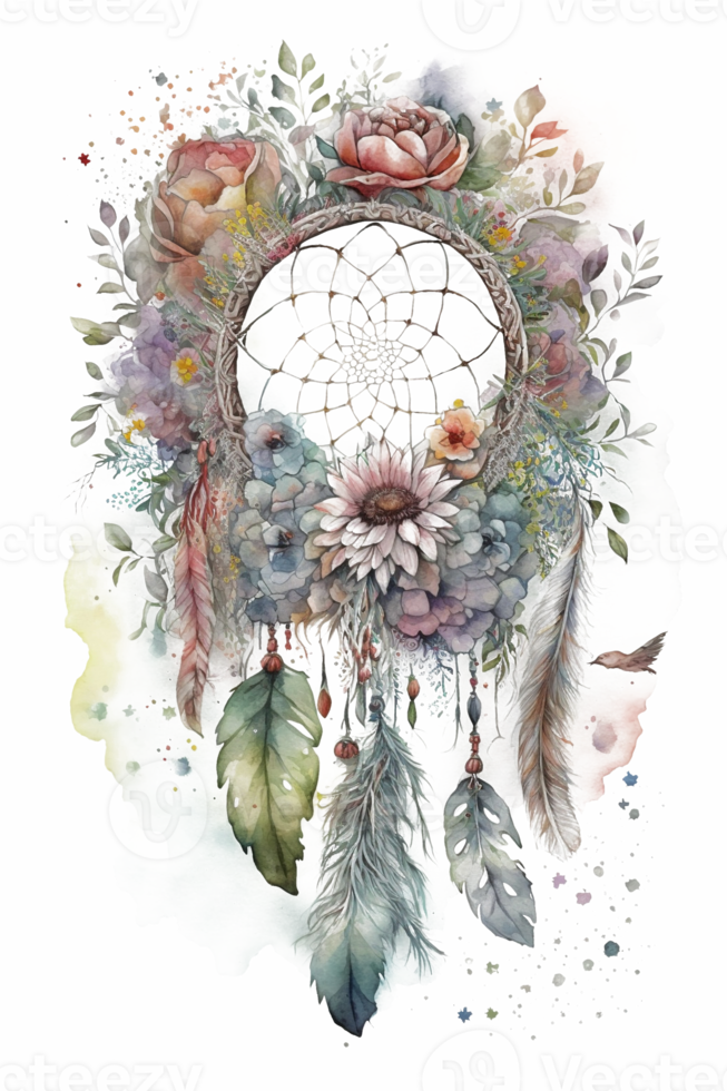 watercolor decoration bohemian dream catcher, boho feathers decoration, native dream chic design, png