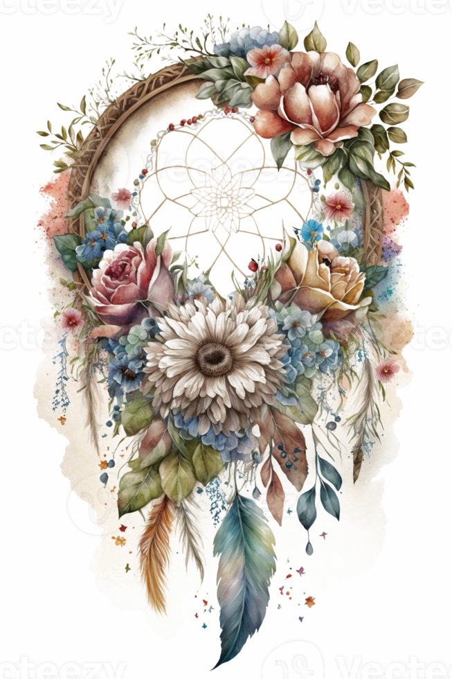 watercolor decoration bohemian dream catcher, boho feathers decoration, native dream chic design, png