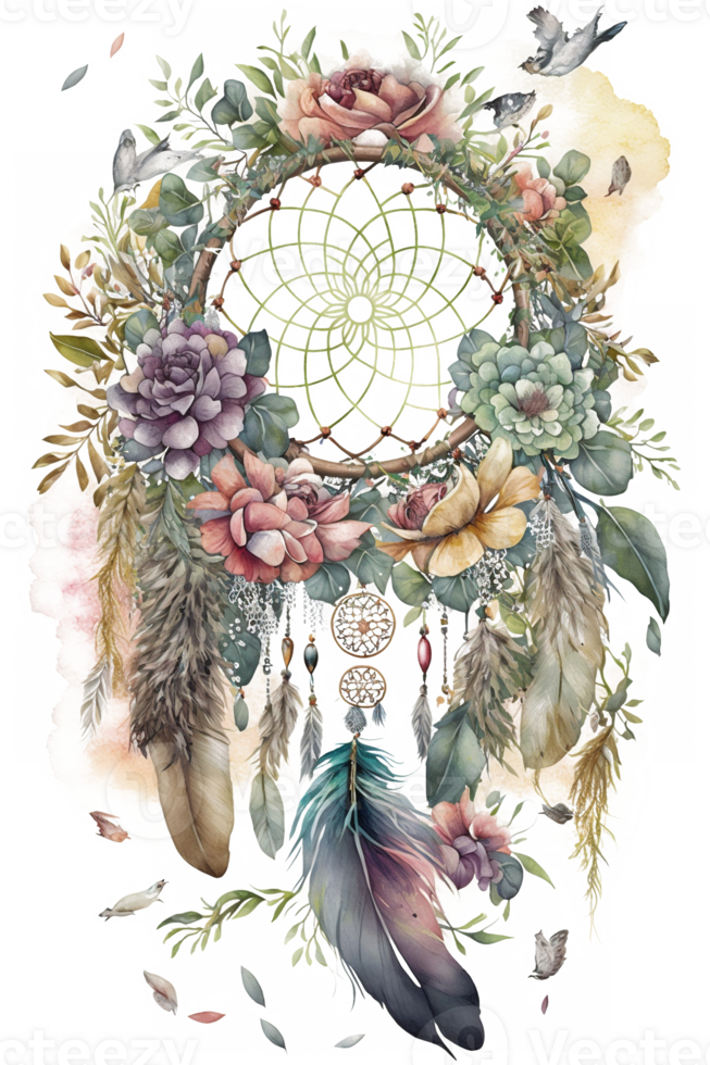 watercolor decoration bohemian dream catcher, boho feathers decoration, native dream chic design, png