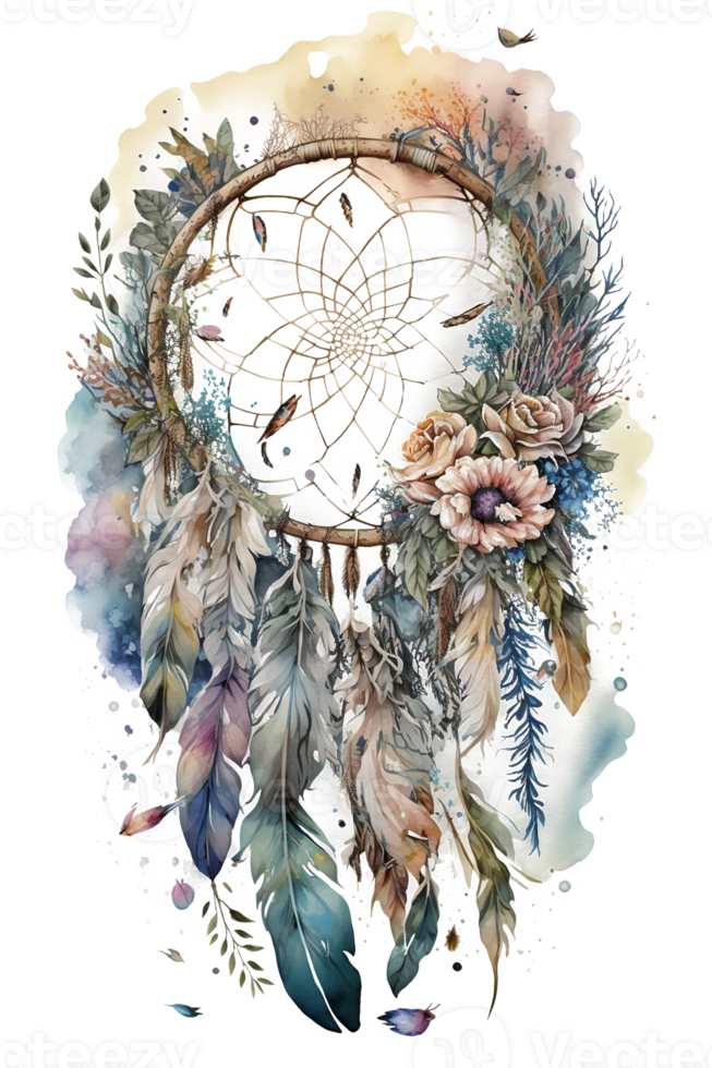 watercolor decoration bohemian dream catcher, boho feathers decoration, native dream chic design, png