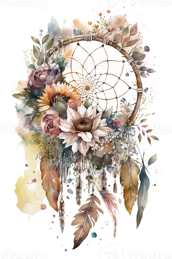 watercolor decoration bohemian dream catcher, boho feathers decoration, native dream chic design, png