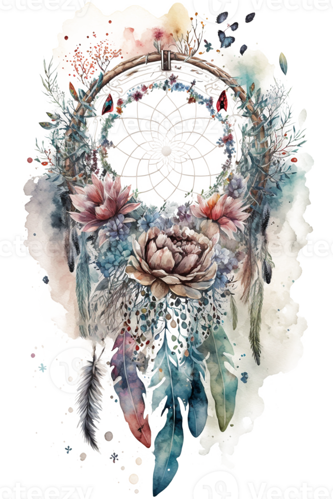 watercolor decoration bohemian dream catcher, boho feathers decoration, native dream chic design, png
