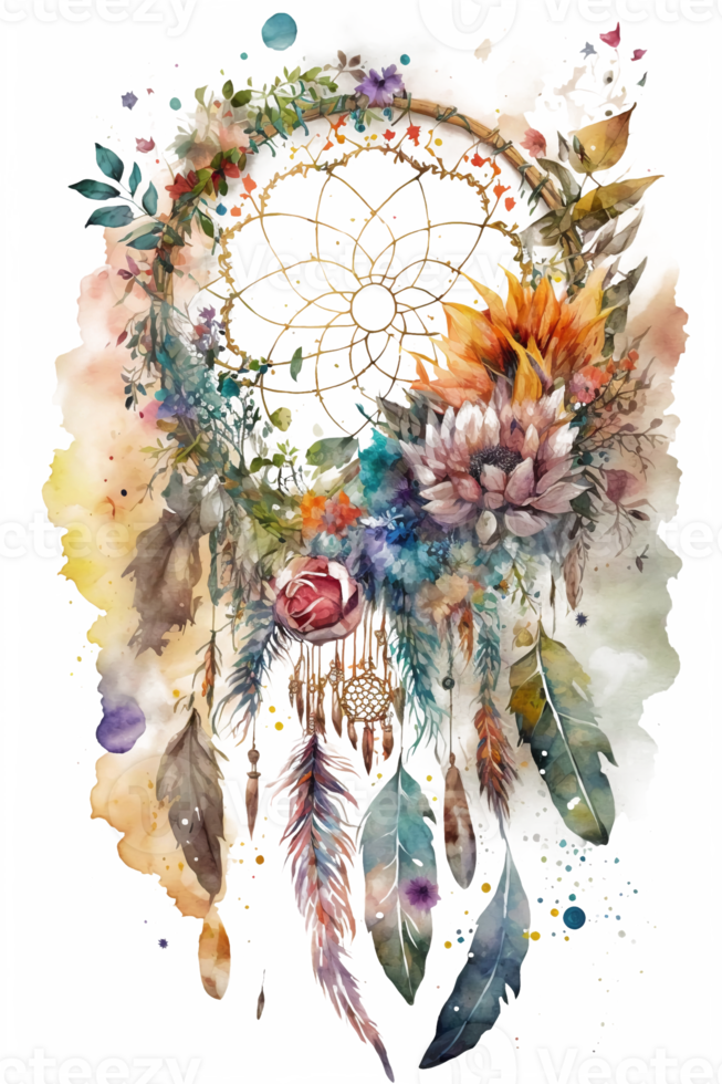 watercolor decoration bohemian dream catcher, boho feathers decoration, native dream chic design, png