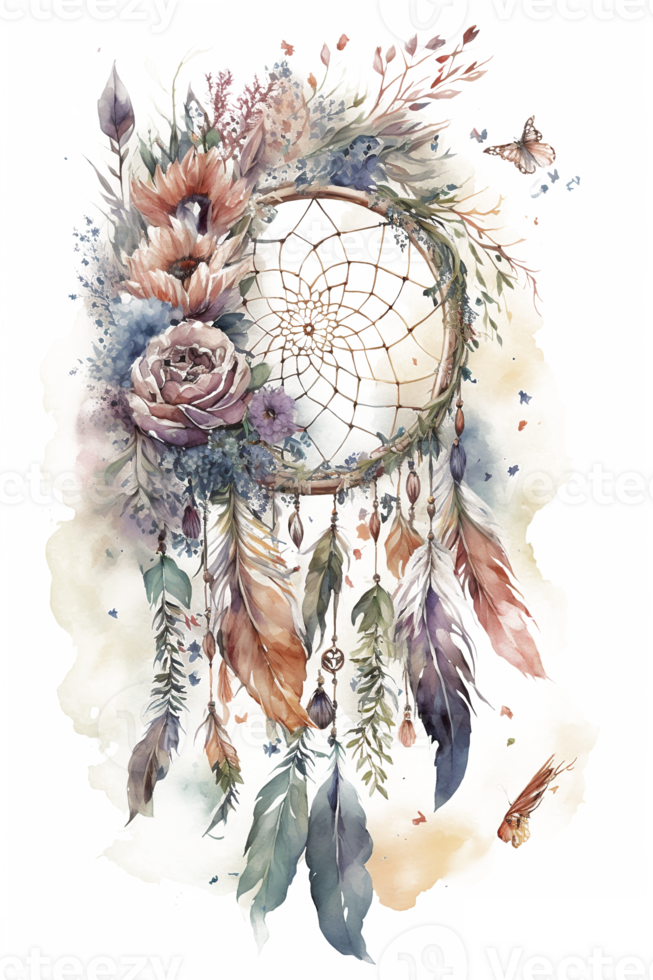 watercolor decoration bohemian dream catcher, boho feathers decoration, native dream chic design, png