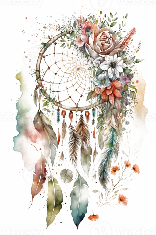 watercolor decoration bohemian dream catcher, boho feathers decoration, native dream chic design, png