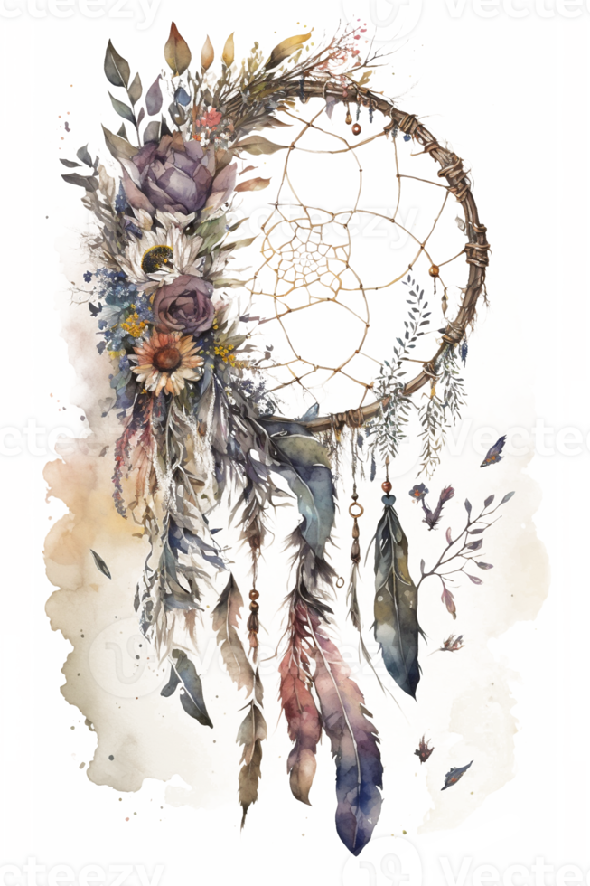 watercolor decoration bohemian dream catcher, boho feathers decoration, native dream chic design, png