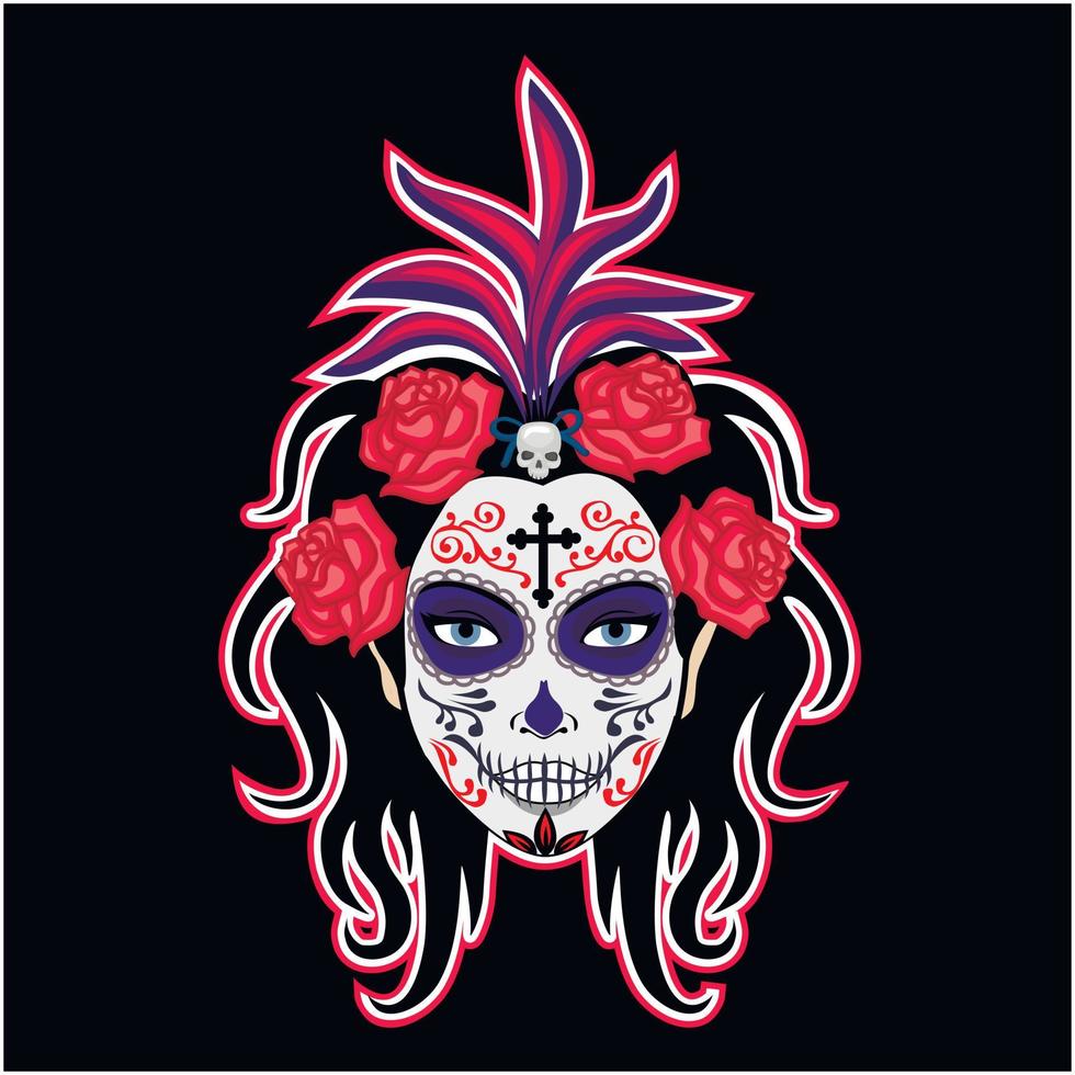 mexican sugar skull, girl with skull makeup, vintage design t shirts vector