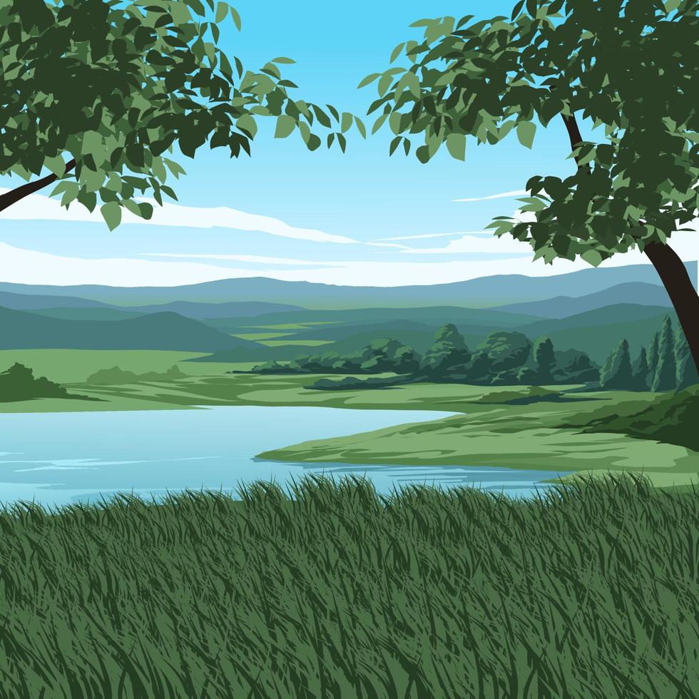 Vector rural countryside landscape with lake and mountain in the background