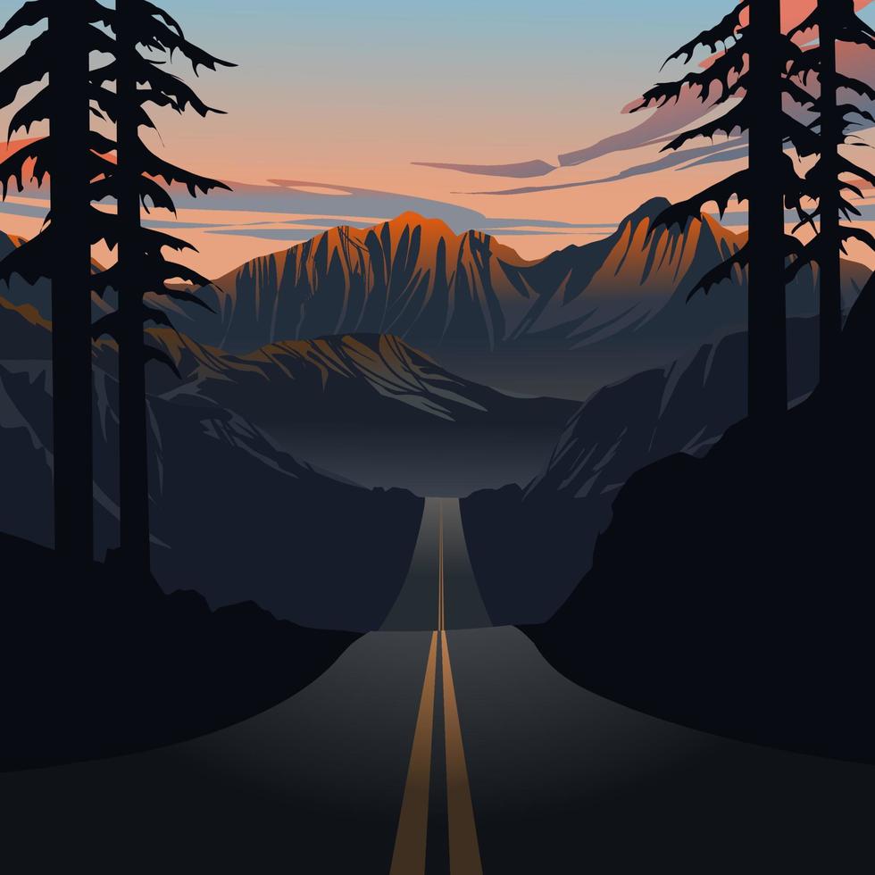 Mountain forest road landscape illustration. Scenic mountain sunset vector