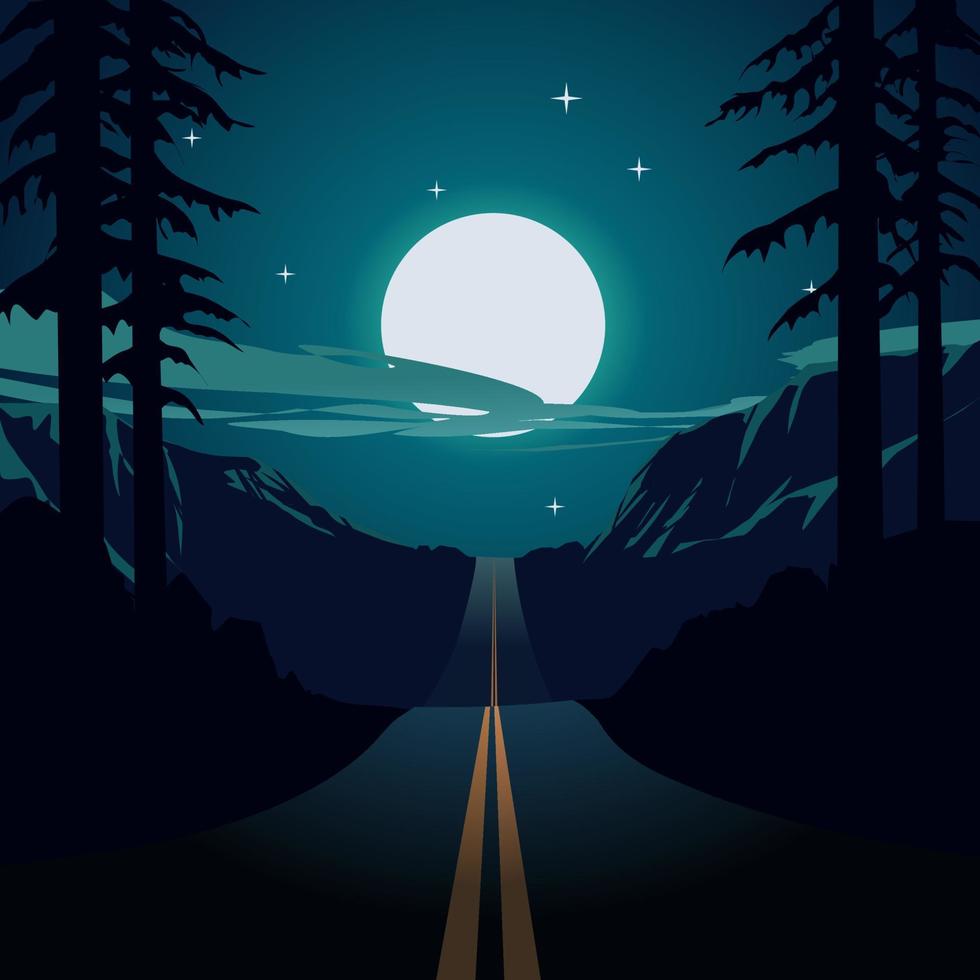 Breathtaking calm night with full moon and stars over empty road vector