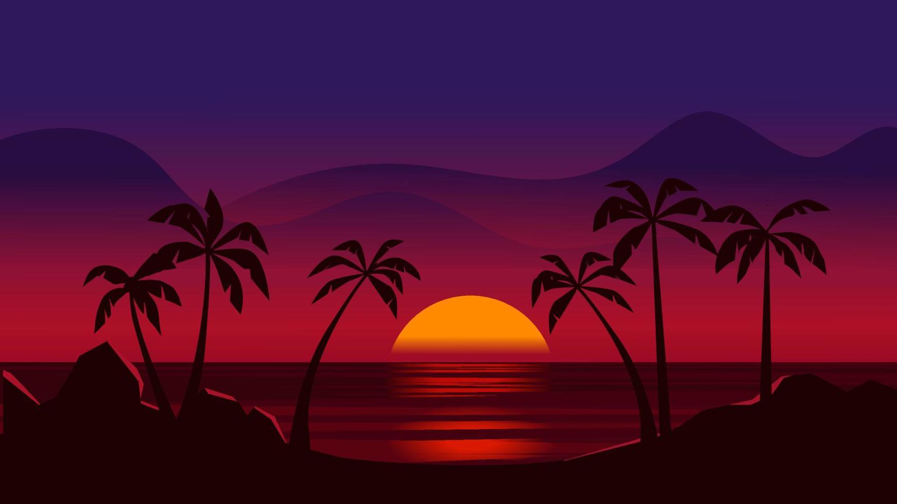 Beautiful calm ocean sundown with rocks and palm trees in the beach vector