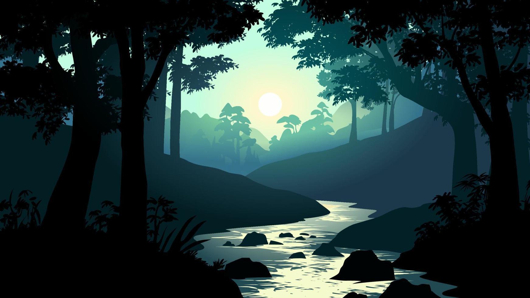 brumoso Mañana en hermosa bosque. río en selva. amanecer paisaje en bosque vector