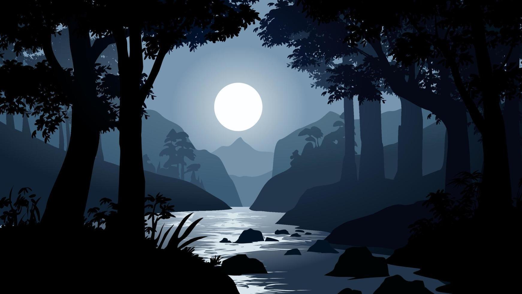 río en el luz de la luna. noche en bosque con río y lleno Luna vector