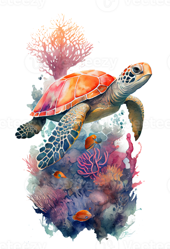 aquarelle de mer tortue, tortue nager sous-marin dans le océan, génératif ai png
