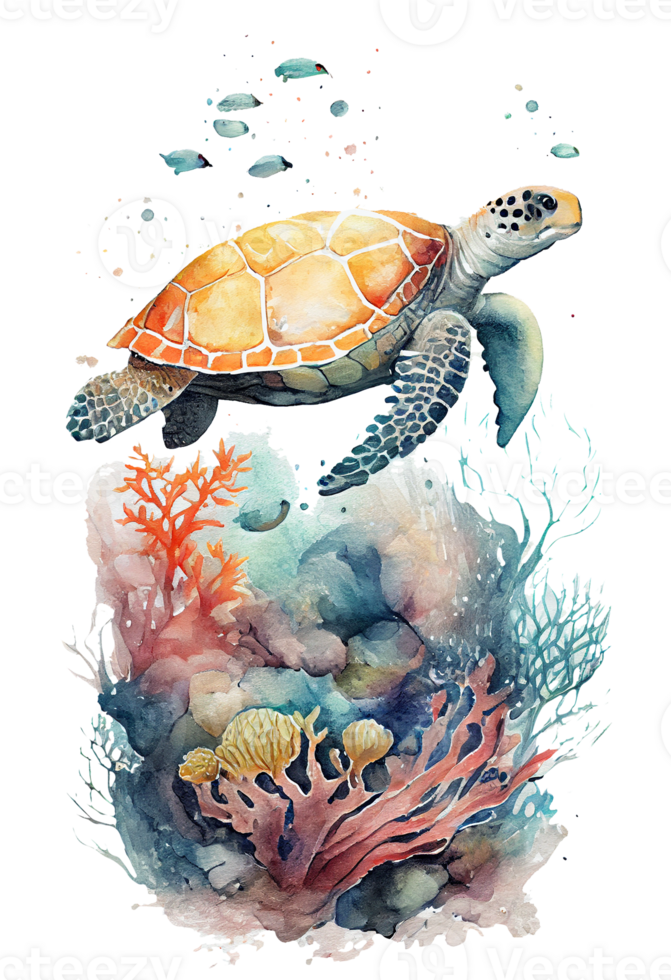 Watercolor of sea turtle, turtle swimming underwater in the ocean, png